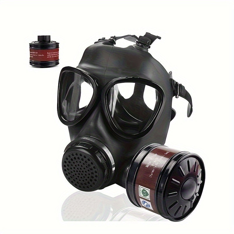 Masque à gaz tactique intégral noir, protection faciale complète contre les menaces chimiques et poussières.