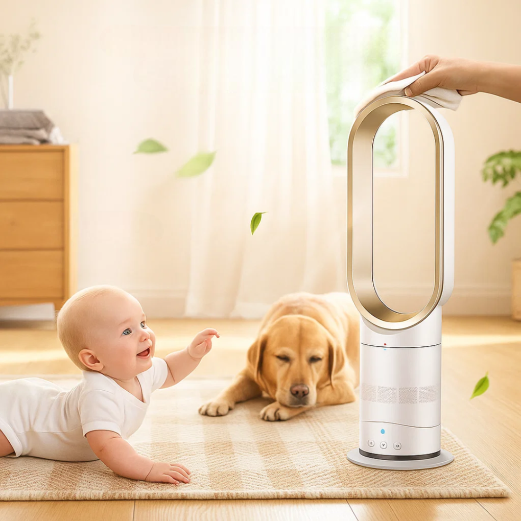 Ventilateur tour écoénergétique 40cm, sans pales. Technologie avancée pour une climatisation douce.