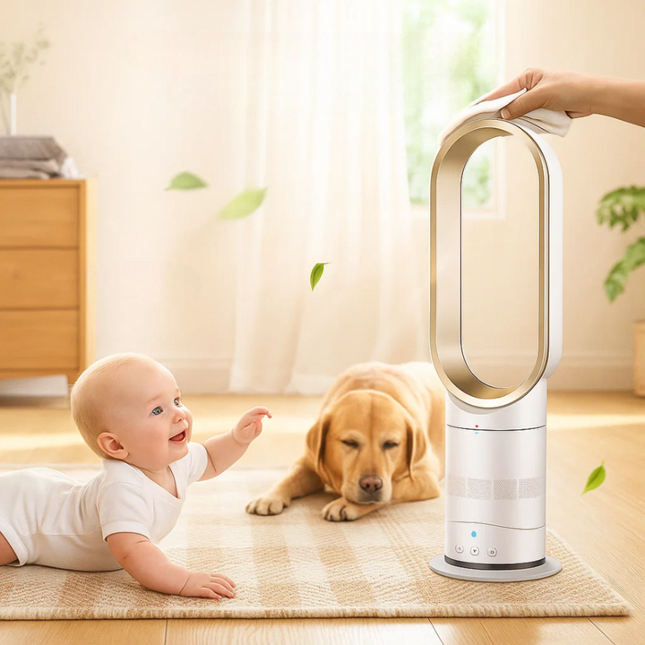 Ventilateur tour écoénergétique 40cm, sans pales. Technologie avancée pour une climatisation douce.