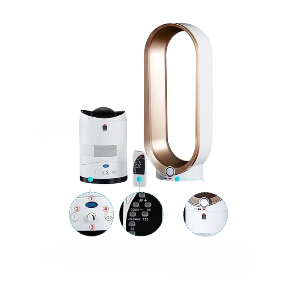 Ventilateur colonne 40cm sans pales, silencieux. Contrôle facile par télécommande pour confort optimal.