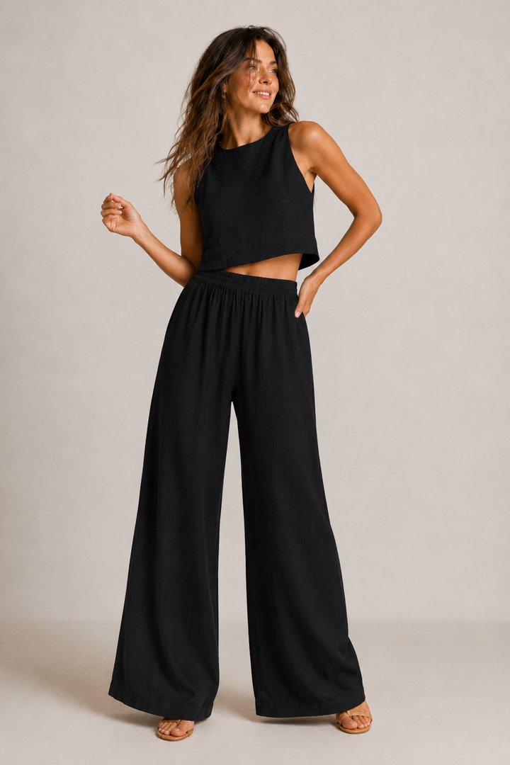 Tenue estivale femme, ensemble deux pièces avec pantalon large fluide, confortable et tendance.