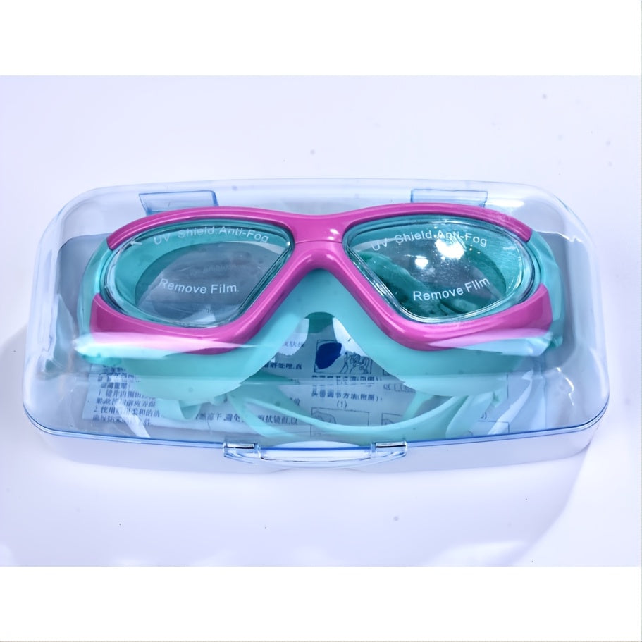 Enfant heureux avec lunettes natation anti-buée, grand cadre, vision claire, protection UV.