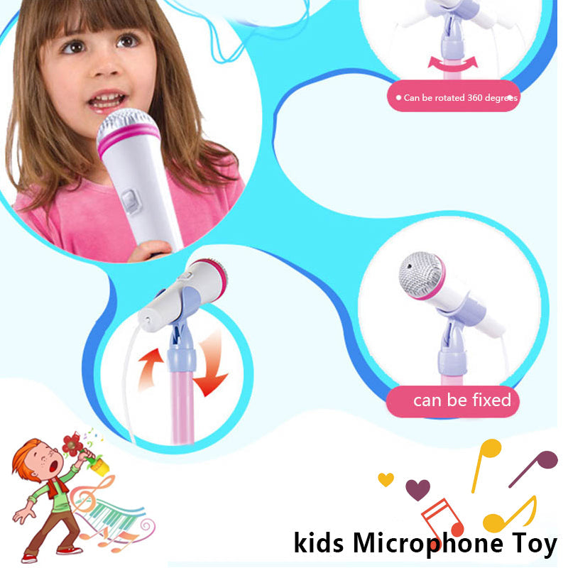 Vue d'ensemble du micro karaoké StarSound pour enfants, trépied déplié, prêt à l'emploi.
