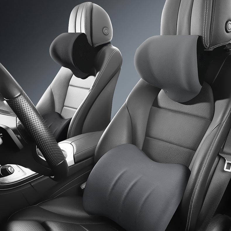 Coussin orthopédique pour siège auto, soulagement dos et cervicales.