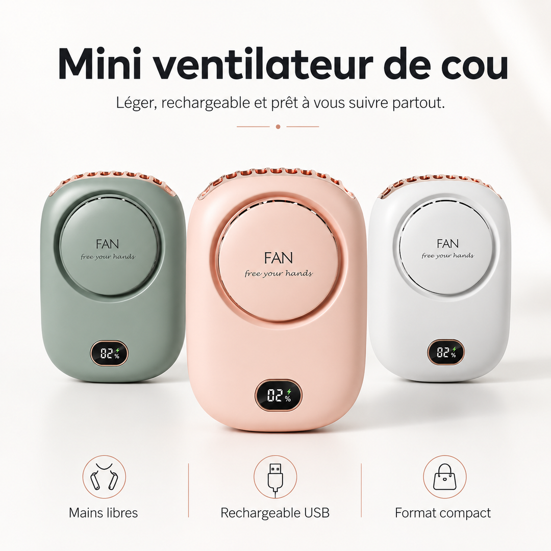 Mini ventilateur de cou compact et léger, facile à transporter pour un confort maximal partout.