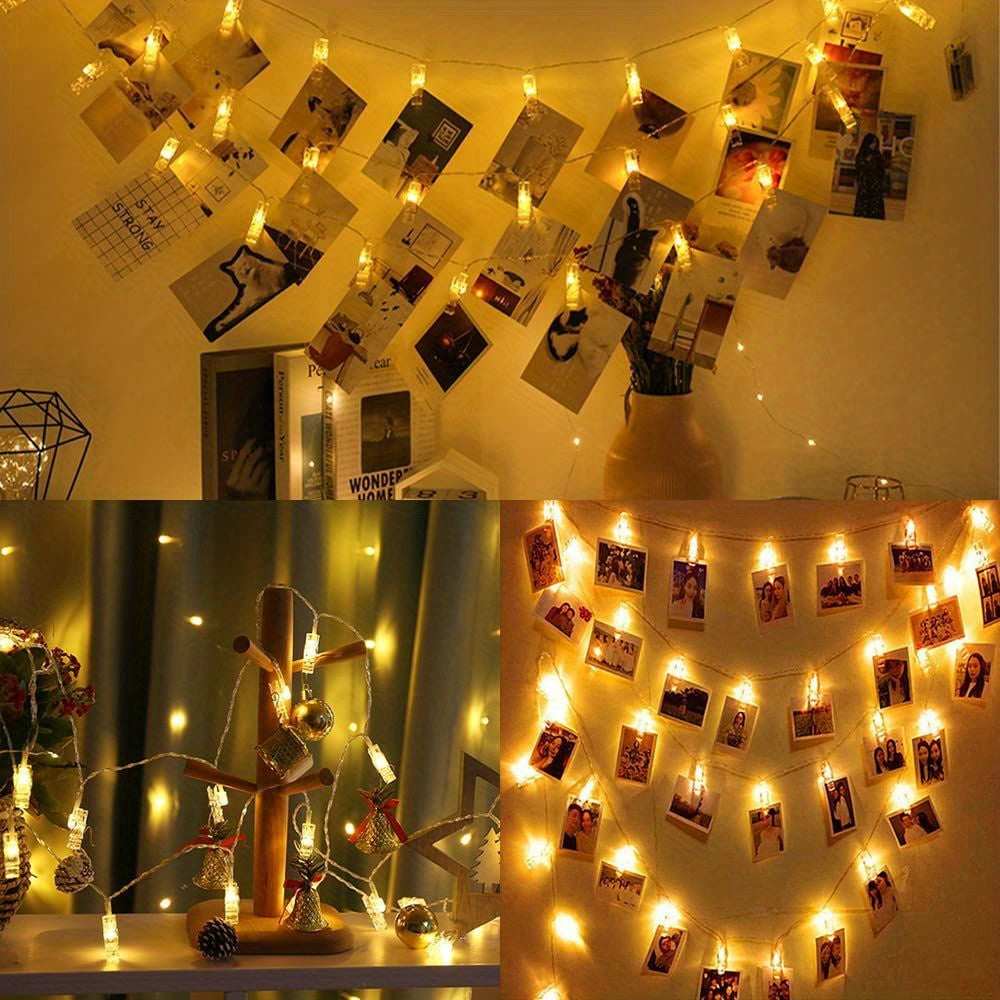 Guirlande lumineuse LED clips photo, lumière blanche chaude pour ambiance cosy chambre ou salon.