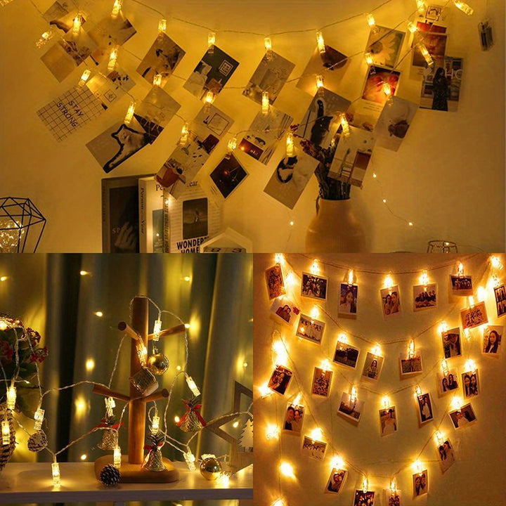 Guirlande lumineuse LED clips photo, lumière blanche chaude pour ambiance cosy chambre ou salon.