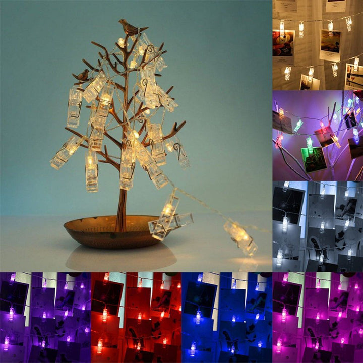 Guirlande lumineuse LED ambiance avec clips photo pour déco murale chambre ou événement spécial.