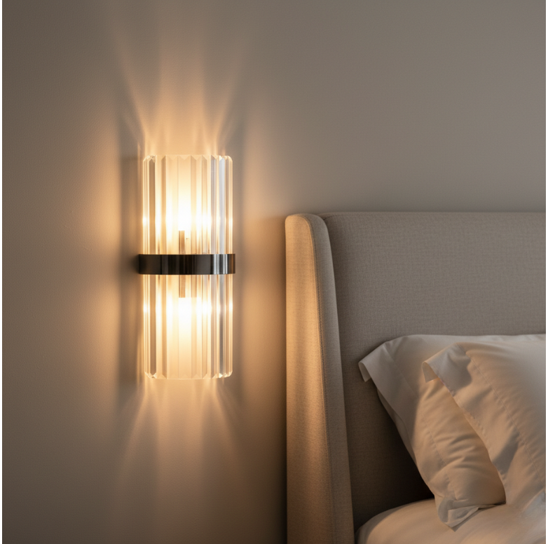 Luminaire LED contemporain or, ambiance lumineuse blanc froid.