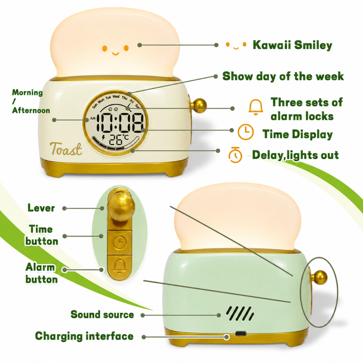 Réveil enfant avec lumière LED, fonction veilleuse, horloge numérique et thermomètre.
