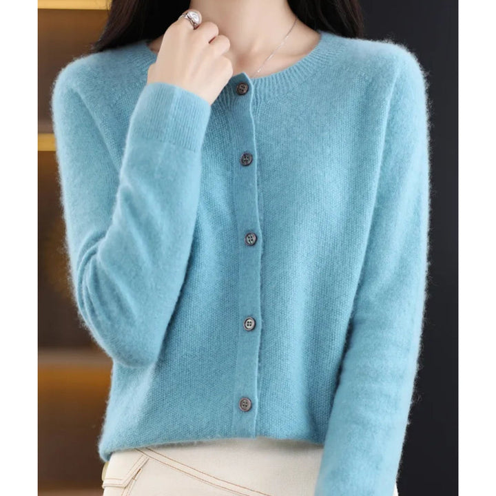 Vêtement femme élégant : cardigan à col rond pour printemps/automne, chic et confortable.