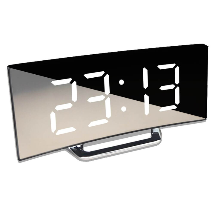 Réveil LED numérique incurvé avec variateur de lumière, design contemporain, idéal pour le confort visuel.