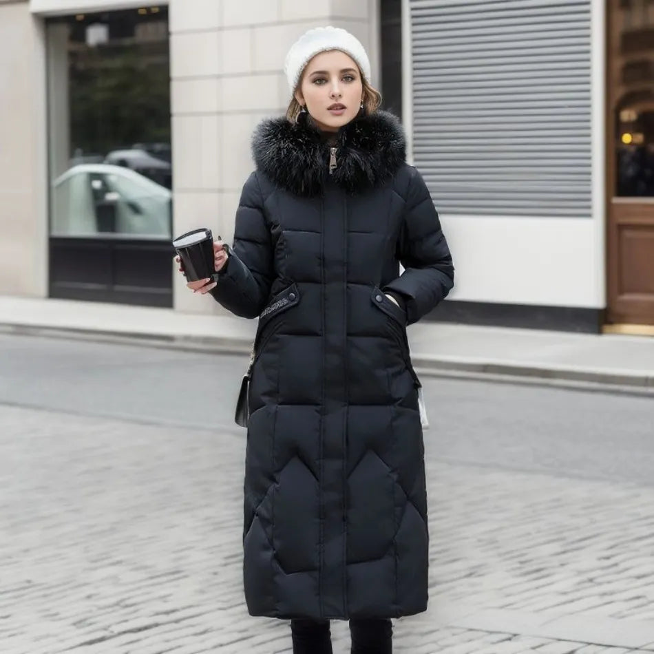 Manteau matelassé doux et isolant, coupe longue pour femme, avec capuche pour les jours froids d'hiver.