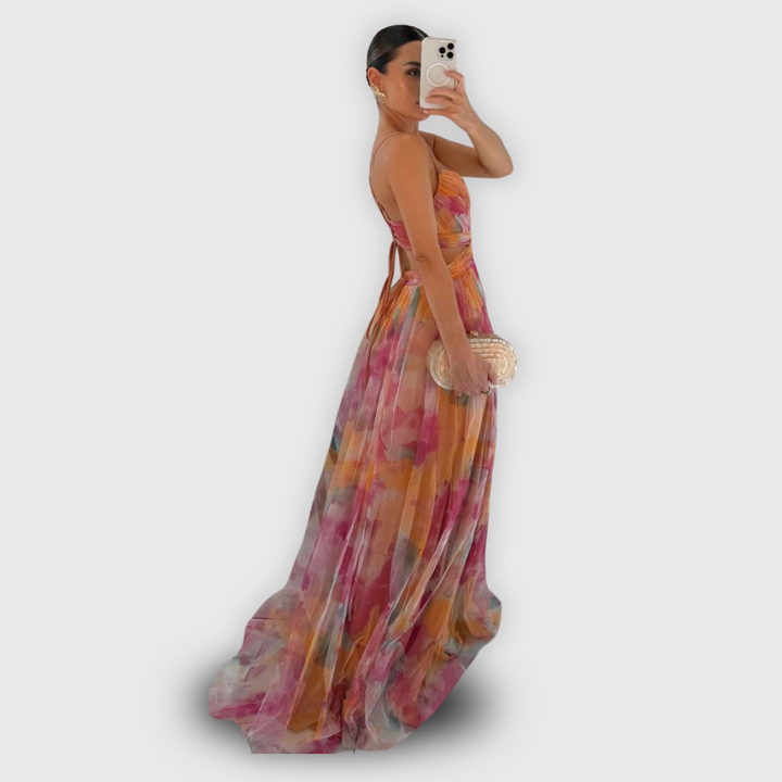 Robe longue femme Dora, motif floral, taille ajustable, style bohème chic estival.