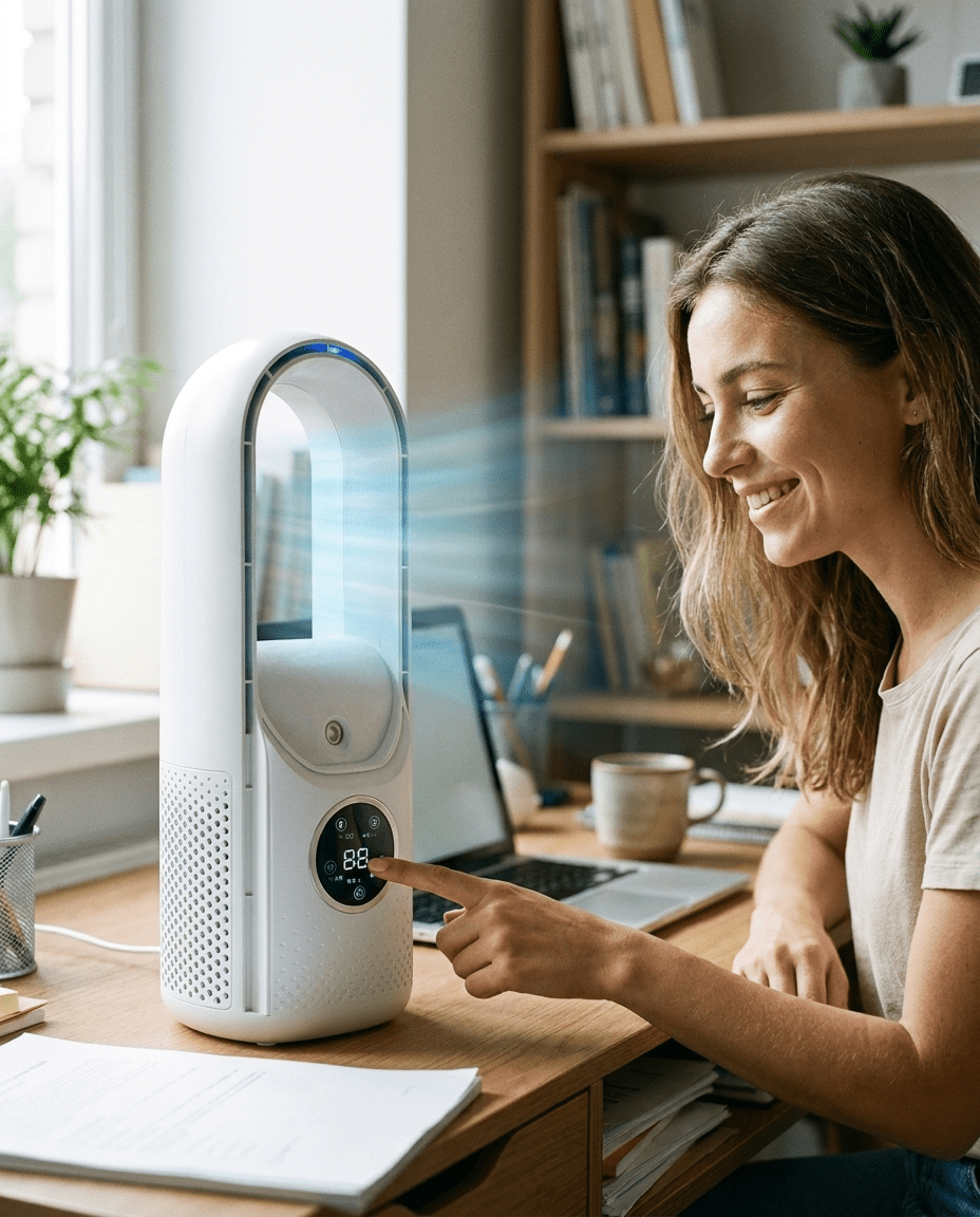 Ventilateur tour silencieux sans pale. Idéal pour rafraîchir chambre ou bureau avec confort.