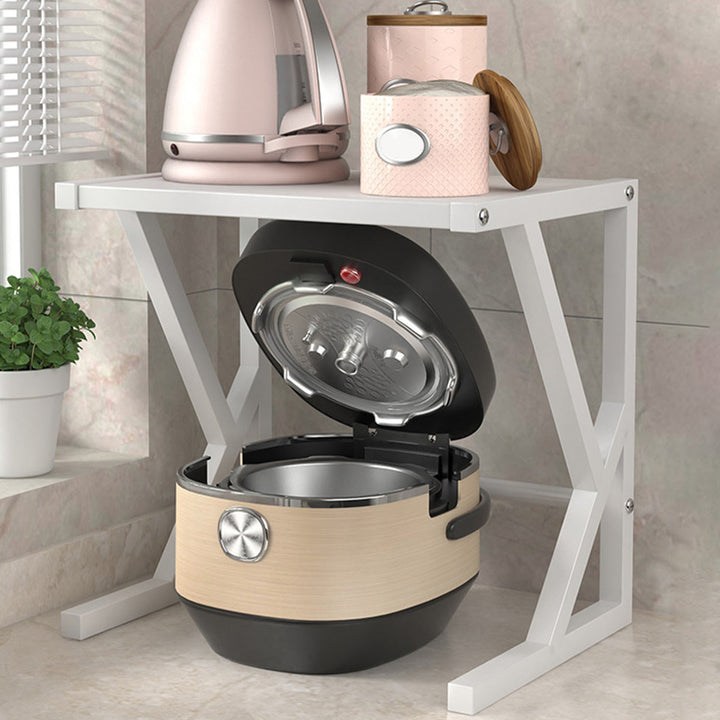 Rangement de cuisine double niveau en acier, support robuste pour micro-ondes et petits appareils, design moderne.
