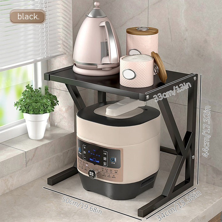 Design moderne pour cette étagère de cuisine double niveau en acier, rangement robuste pour micro-ondes, organisation.