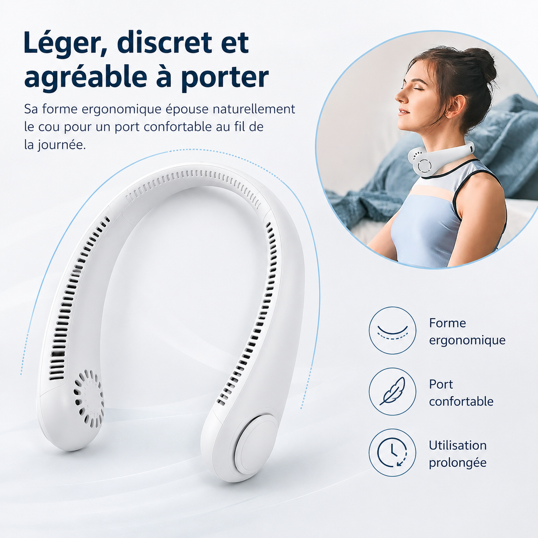 Appareil de rafraîchissement personnel portable, ventilateur de cou idéal pour les chaudes journées.