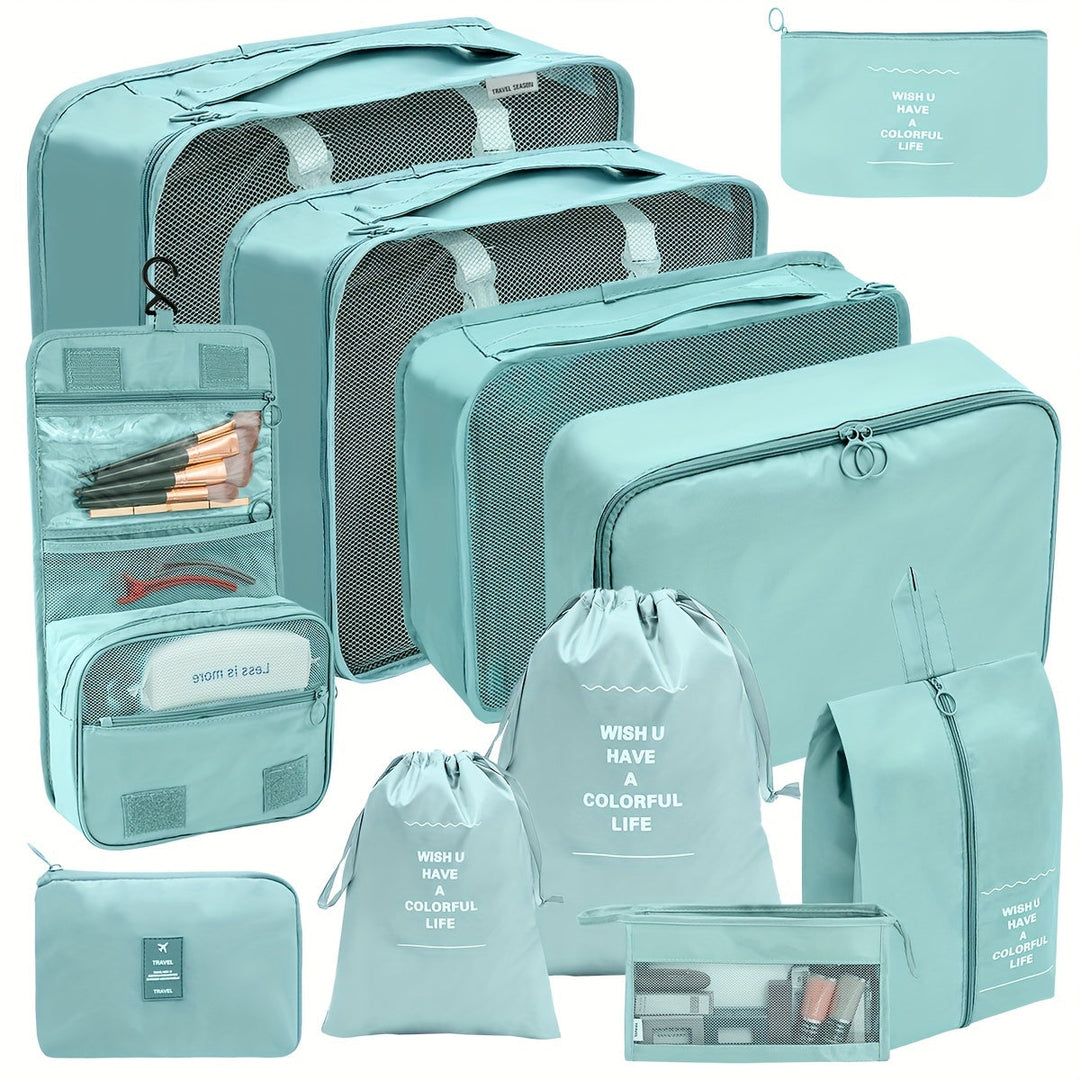 Set de 11 organiseurs de valise en polyester, idéal pour un rangement de voyage efficace.