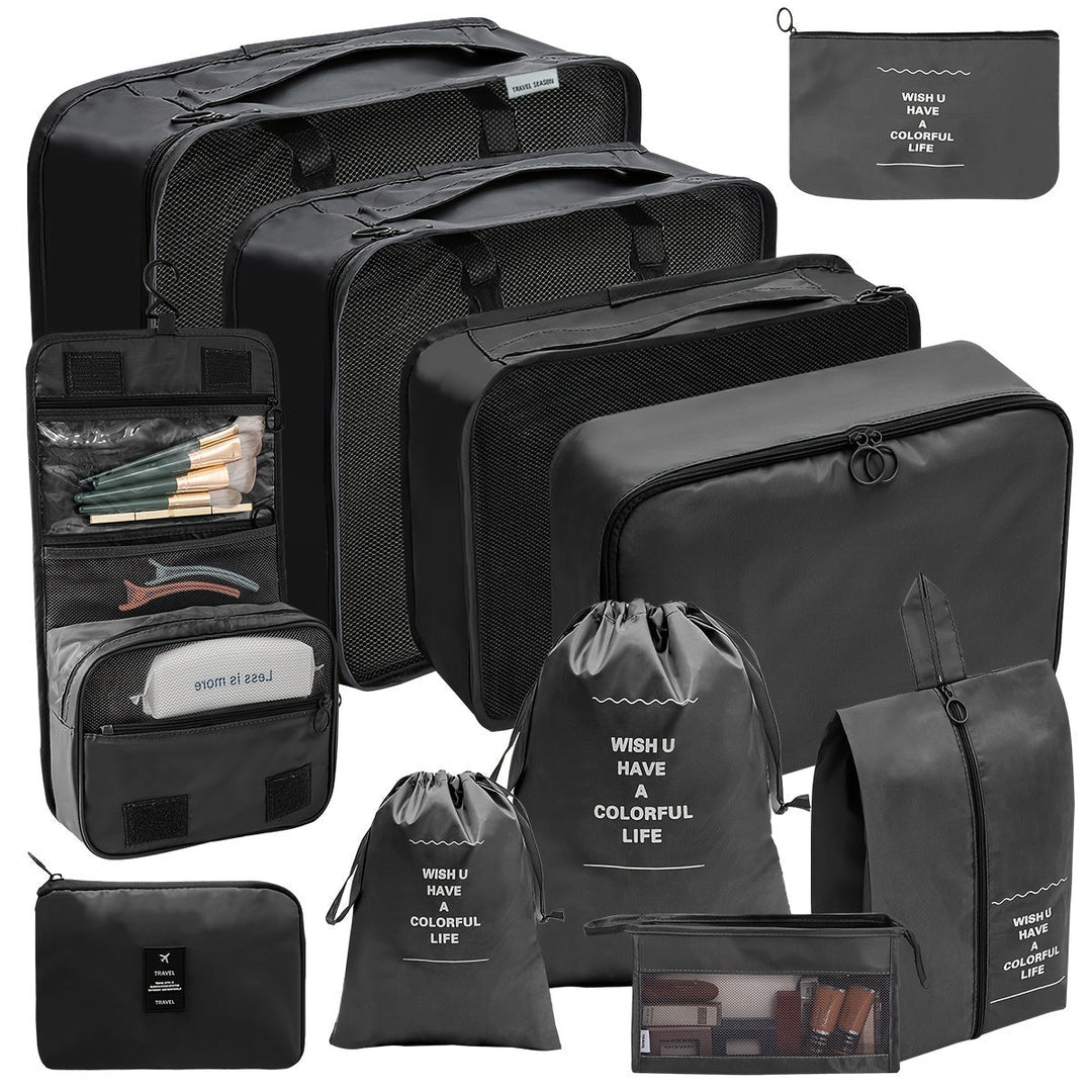 Organiseurs de voyage en polyester, 11 cubes pratiques pour un bagage bien ordonné et compact.