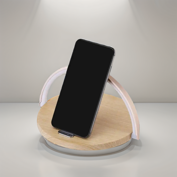 Lampe de chevet et chargeur sans fil AuraGlow: solution tout-en-un pour iPhone, Apple Watch, AirPods, design moderne.