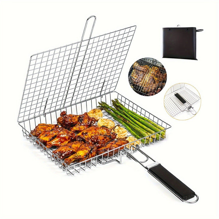 Ustensile de cuisine en fonte, panier grillade portable pour gril extérieur robuste.
