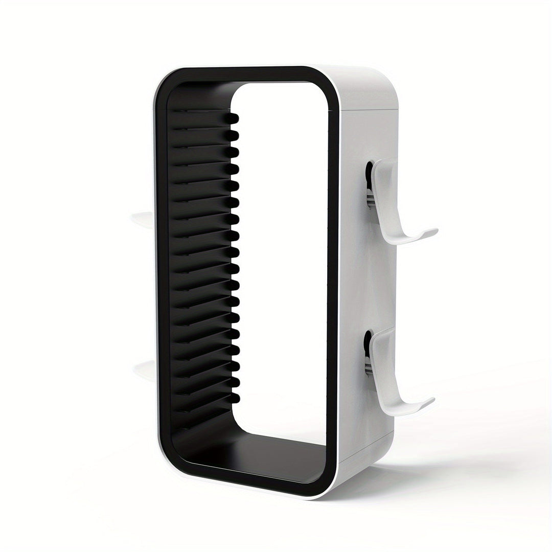 Accessoire gaming noir pour le rangement vertical de 10 boîtes de jeux et la présentation de 2 manettes.