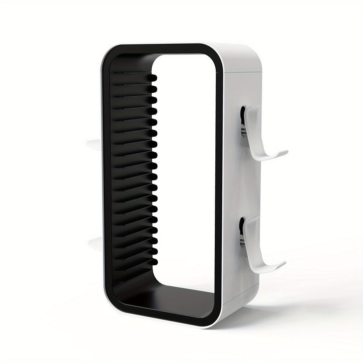 Accessoire gaming noir pour le rangement vertical de 10 boîtes de jeux et la présentation de 2 manettes.