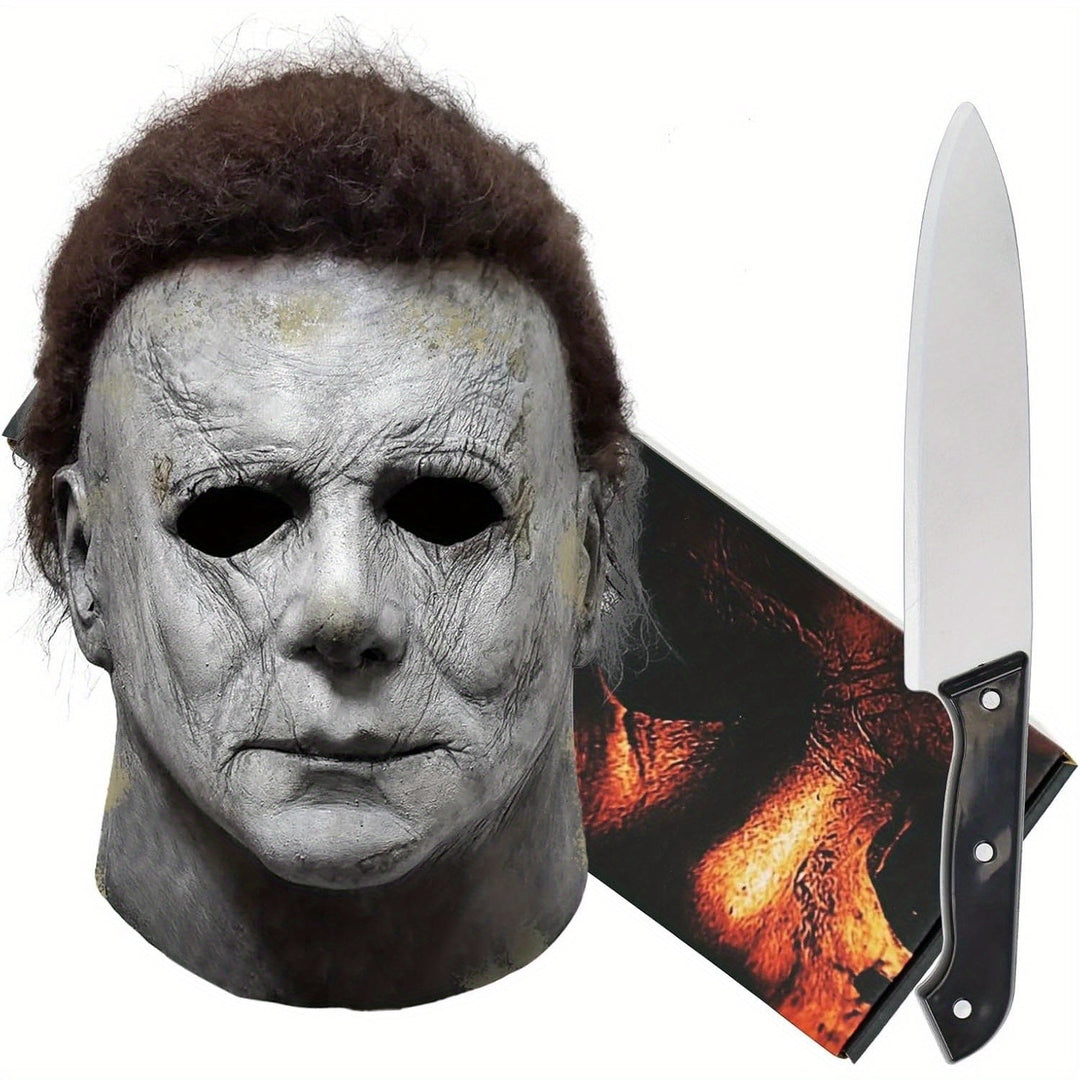 Masque d'horreur Halloween réaliste pour adulte, avec set de couteaux, idéal déguisement effrayant.