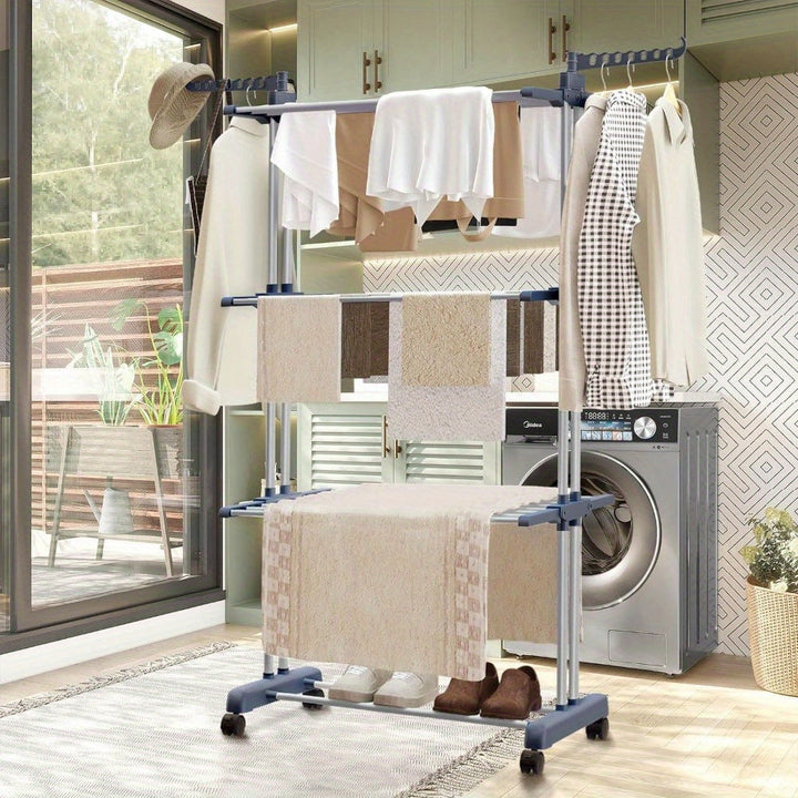 Étendoir vertical compact pliable 3 niveaux pour petits espaces, séchage pratique du linge en buanderie ou balcon.