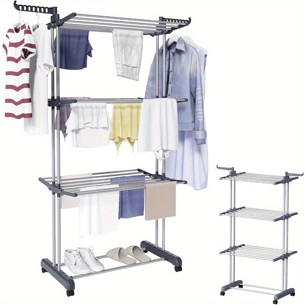Sèche-linge vertical pliable 3 niveaux en acier inoxydable, idéal pour gain de place intérieur/extérieur, séchage lessive.