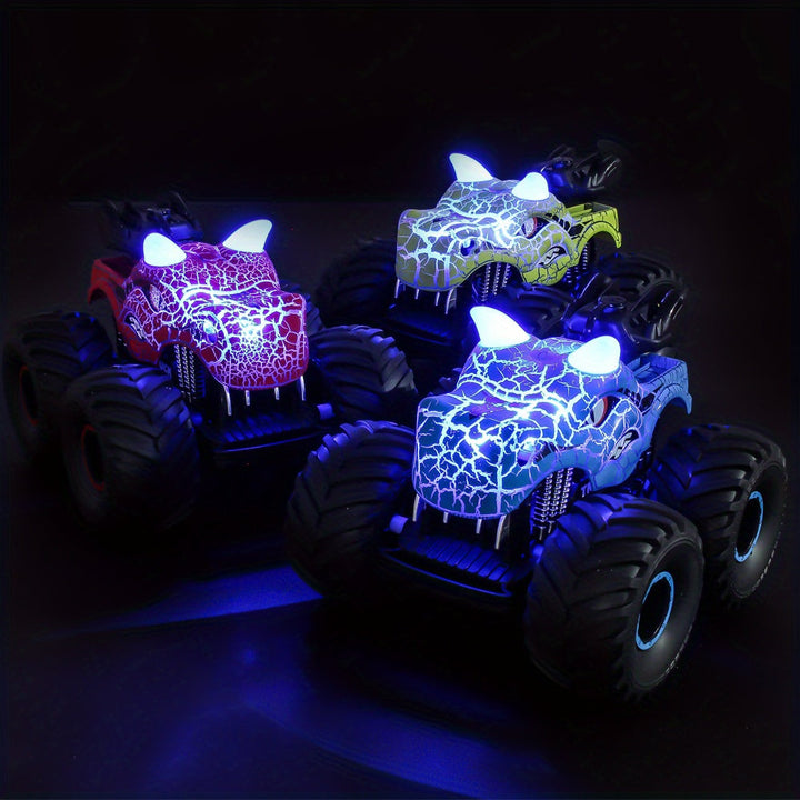 Monstertruck RC DinoBlaze effectuant un saut, avec lumières LED et fumée. Véhicule télécommandé dinosaure pour l'aventure.