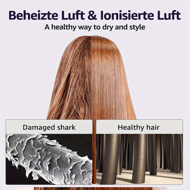 Vue du sèche-cheveux ionique professionnel avec ses réglages de chaleur/vitesse, concentrateur et diffuseur.