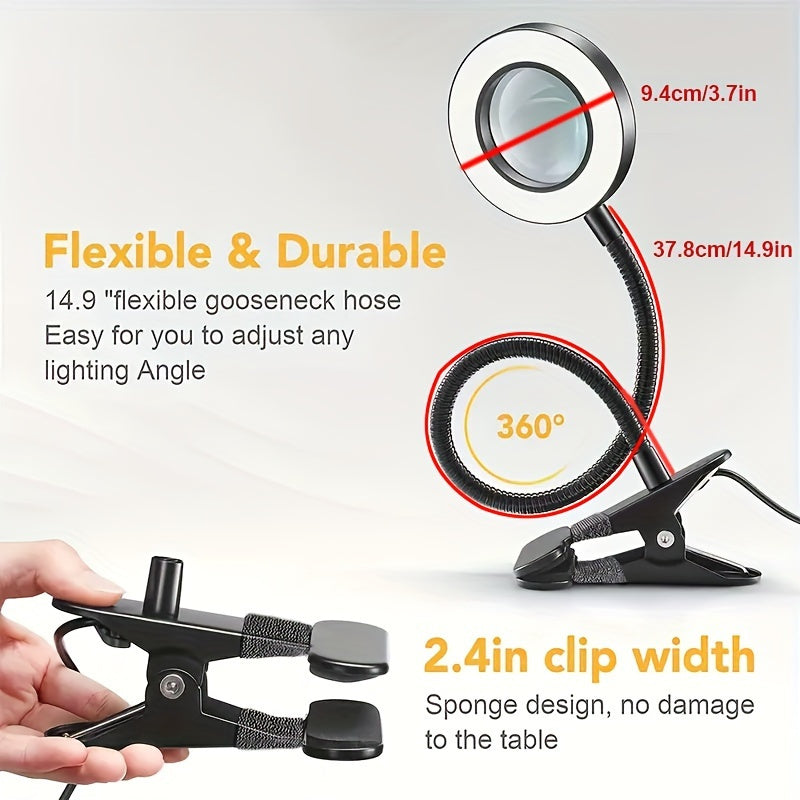 Lampe loupe LED sur pince, permet travail mains-libres pour lecture ou modélisme.