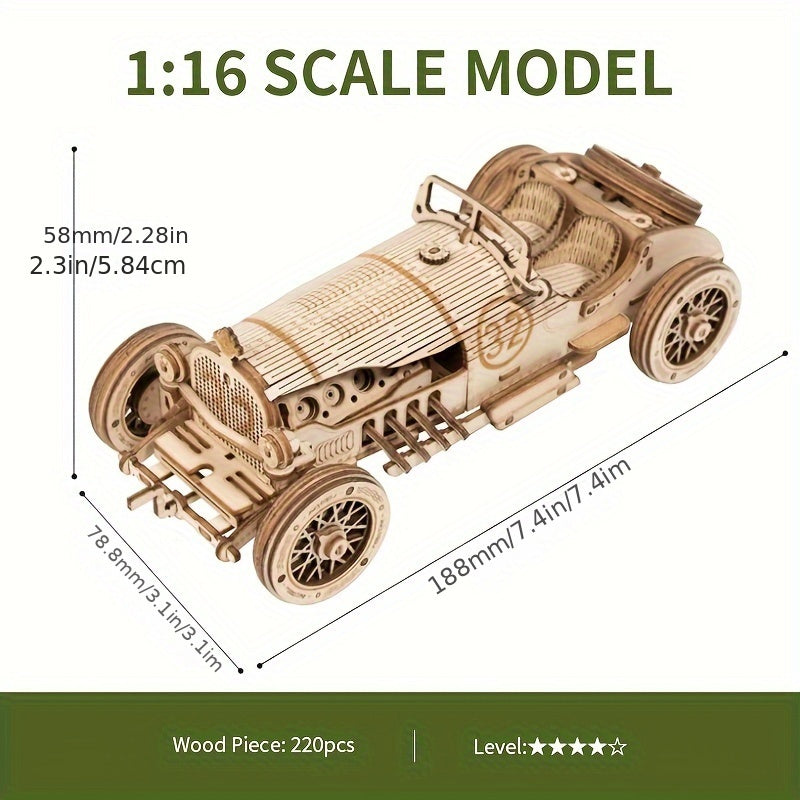 Kit de construction bois puzzle 3D voiture vintage, modèle mécanique stimulant pour loisir créatif adulte.
