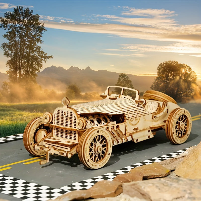 Idée cadeau adulte: puzzle 3D modèle mécanique voiture vintage en bois, défi créatif et pièce décorative.