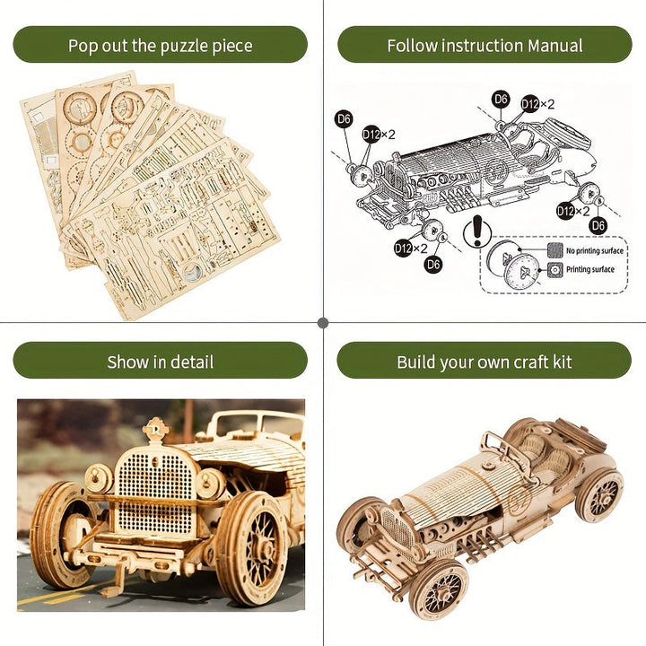 Puzzle 3D voiture vintage avec système d'engrenages visible, maquette mécanique en bois pour passionnés.