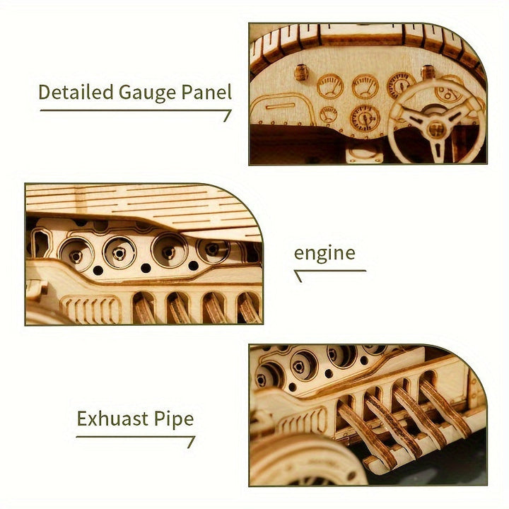 Modèle de voiture vintage en bois à assembler, puzzle 3D mécanique détaillé, un défi artisanal.