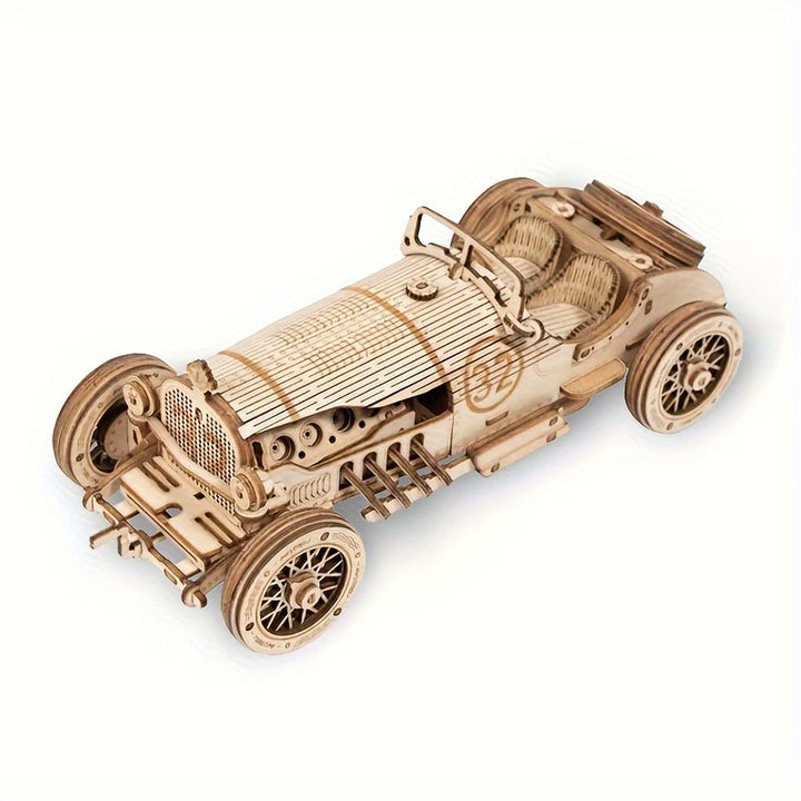 Maquette détaillée de voiture vintage en puzzle 3D bois, avec mécanisme et engrenages fonctionnels.