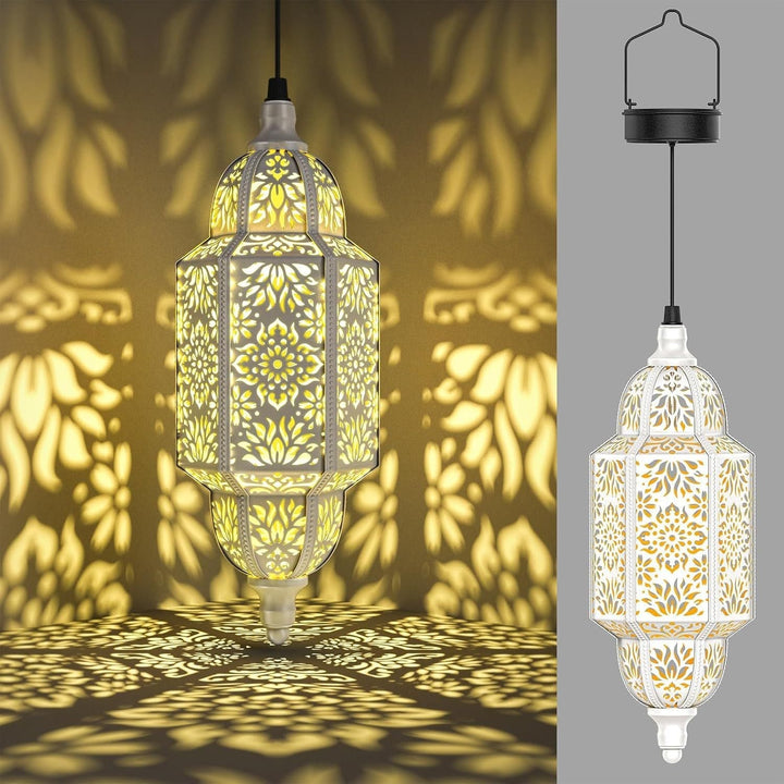 Ambiance cosy: Lanterne solaire vintage marocaine en métal, éclairage LED pour extérieur.