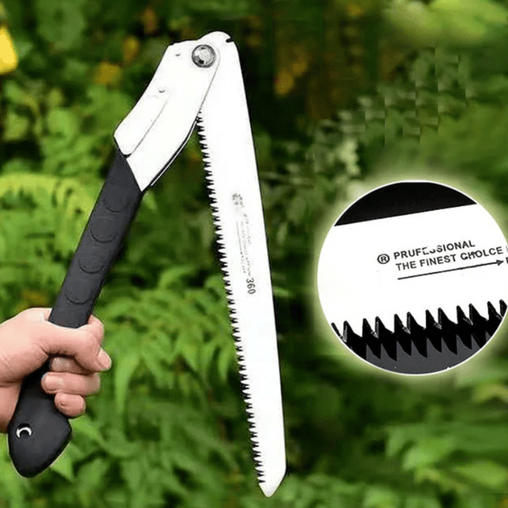 Scie pliante extensible 360° robuste pour le jardinage efficace des branches.