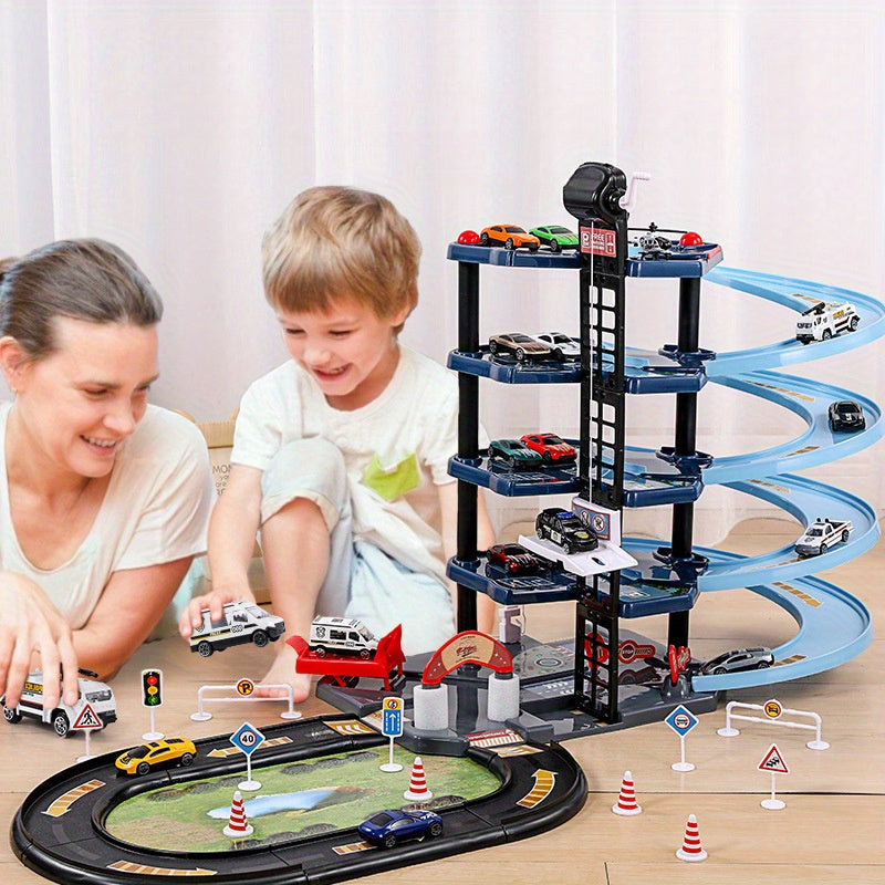 Garage d'action pour enfants, jeu imaginaire police & pompiers. Véhicules durables et toboggans.