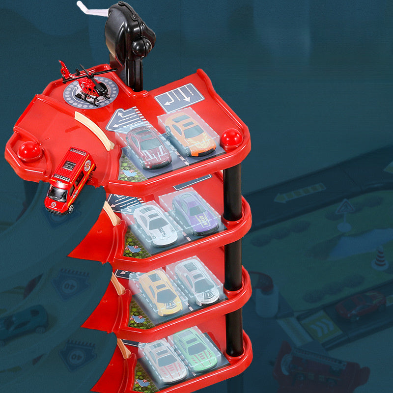 Set garage enfants avec voitures de police et camions de pompiers. Multi-niveaux pour l'aventure.
