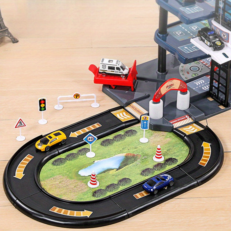 Garage de jeu de rôle police/pompiers, multi-niveaux. Stimule l'imagination et la coordination des enfants.