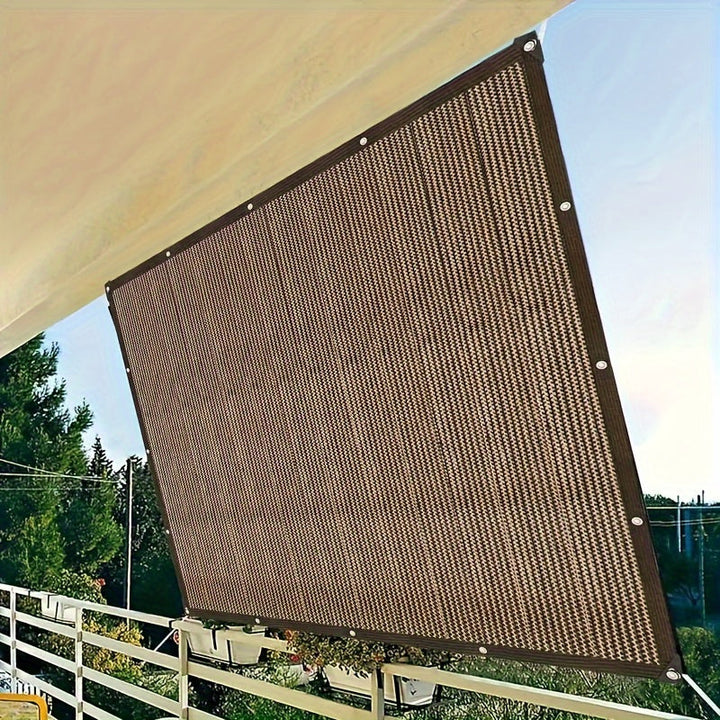 Voile d'ombrage marron PEHD, installation facile pour jardin/terrasse, protection solaire efficace et fraîcheur.