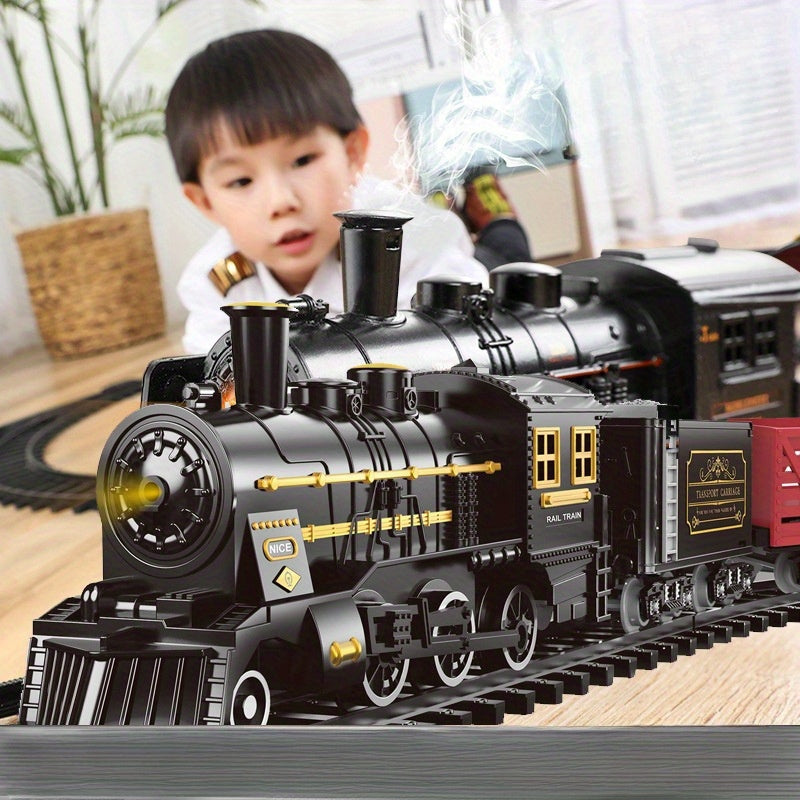 Locomotive à vapeur rétro pour enfants, jouet éducatif avec lumière et sons, détails réalistes sur rails.