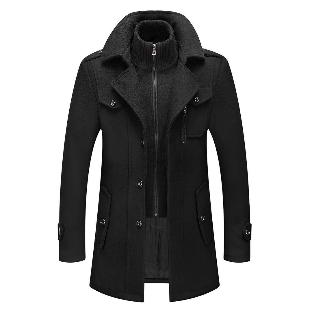 Manteau chic long pour homme, idéal pour le froid. Col double, fermeture éclair. Élégance et chaleur.