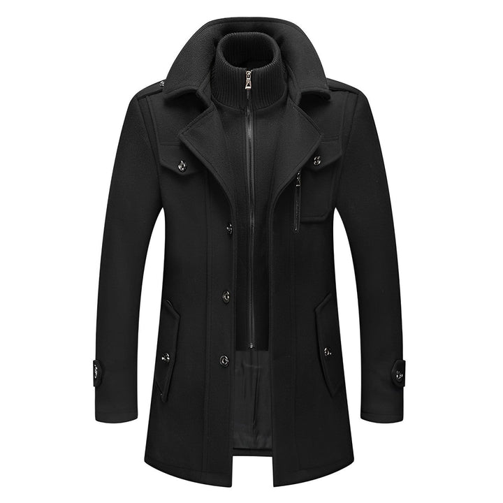 Manteau chic long pour homme, idéal pour le froid. Col double, fermeture éclair. Élégance et chaleur.