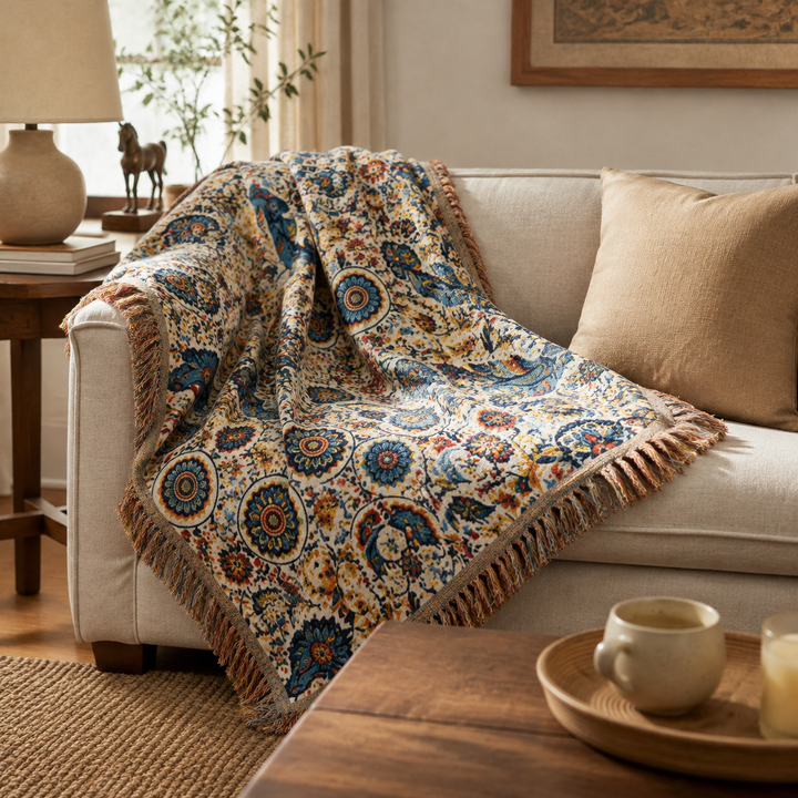 Plaid en coton doux et léger, imprimé floral et oiseaux. Idéal pour une ambiance cosy sur votre canapé ou lit.