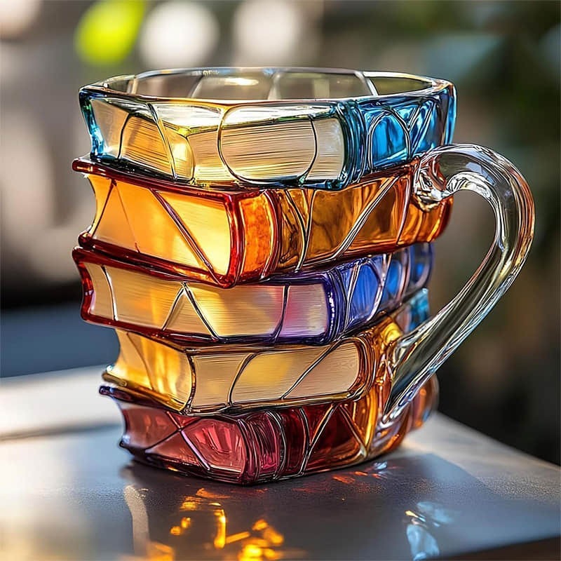 Tasse à livres 3D peinte à la main, design littéraire unique, cadeau parfait pour lecteurs et amateurs de livres.